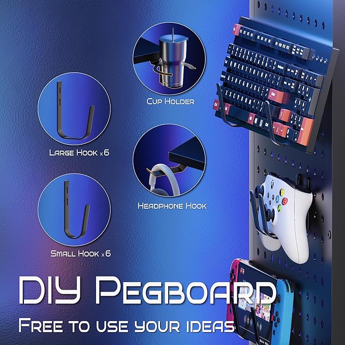 Pamray Small Rolling Gaming Desk with Led Lights Power Outlets and Storage Pegboard Small Spaces Compact PC Computer Table White