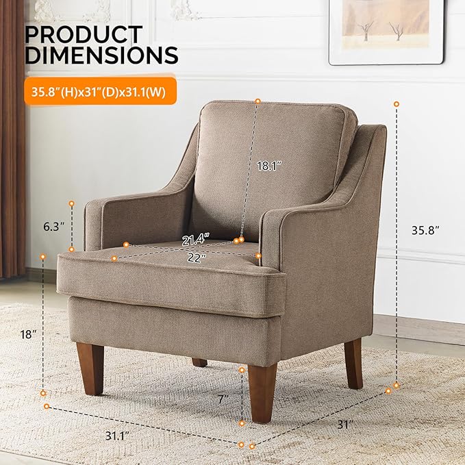 VINGLI Mid-Century Accent Chairs Set of 2 Light Brown Upholstered Armchair Comfy Sofa Chairs Reading Chair High Back Living Room Bedroom Furniture for Apartment