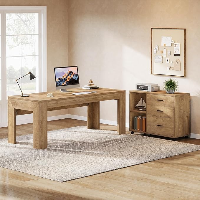 Tribesigns 63 L Shaped Desk with Storage Executive Office Desk with Mobile Lateral File Cabinet Combo Large Computer Table with Drawers and Shelves Business Furniture Set for Home Office Brown
