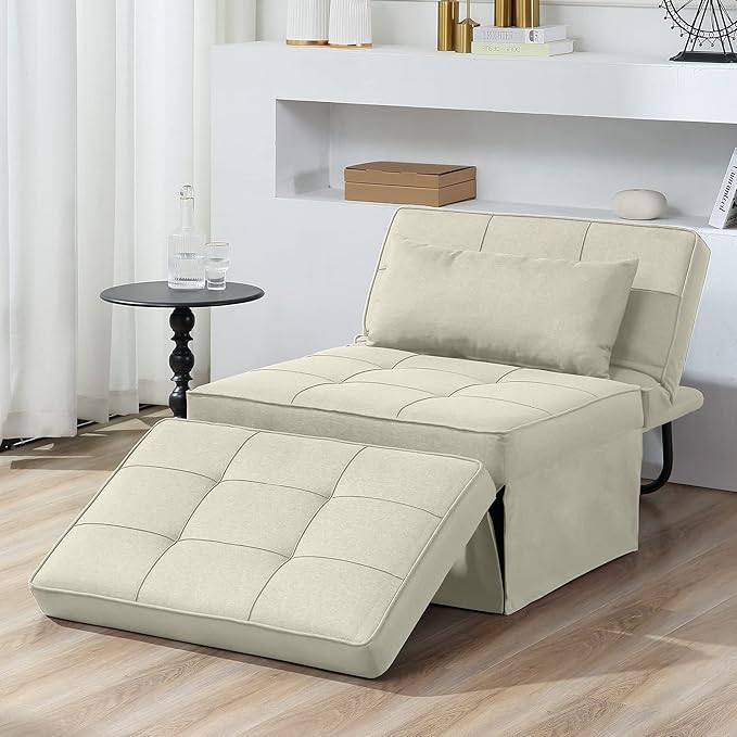 BIGSYY Sofa Bed Set of 4 in 1 Multi-Function Folding Ottoman Breathable Linen Couch Bed with Adjustable Backrest Modern Convertible Chair for Living Room Apartment Office White