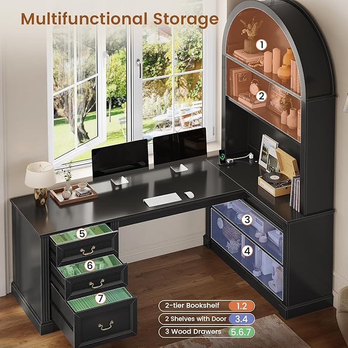 SEDETA 67 L Shaped Desk with Tall Arched Bookshelf Mid-Century Office Computer Desk with 3 Drawers and Storage Shelves Corner Executive Desk with Sliding Barn Door for Home Office Black
