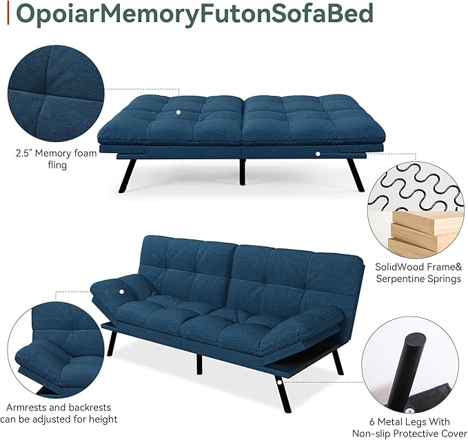 Opoiar Convertible Futon Sofa Bed71 Memory Foam Futon CouchDetachable CushionAdjustable Backrest &amp ArmrestLinen Modern Loveseat Sleeper Recliner for Living RoomOfficeApartmentRetro Blue