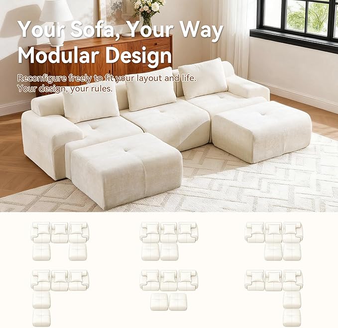 Oversized U-Shaped Sectional Sofa Cream Sectional Couch120.5 Modular Couch with 2 Ottomans Boneless Cloud Couch with Chenille Upholstery and Deep Seats No Assembly Required Beige