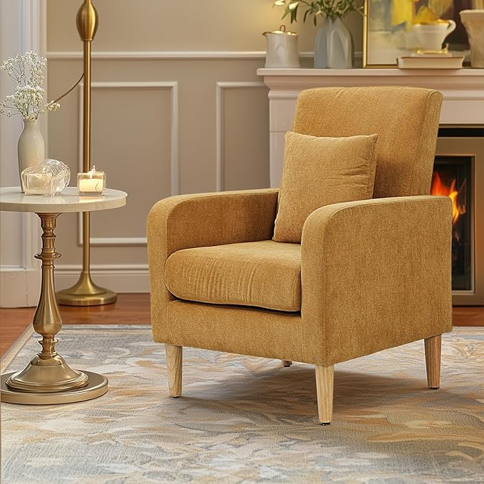 Upholstered Sofa Chair with Pillow Fabric Accent Armchair with Wooden Legs Comfy Lounge Chair for Living Room Bedroom or Office Supports up to 300 lbs (Yellow)