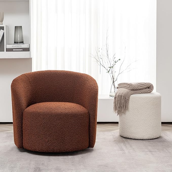KINWELL 34 Boucle Swivel Barrel Chair with 18 Round Ottoman Set Fully Assembled Set of Sherpa Accent Chair and Footrest Modern Comfy Armchair and Footstool for Living Room and Bedroom Brown