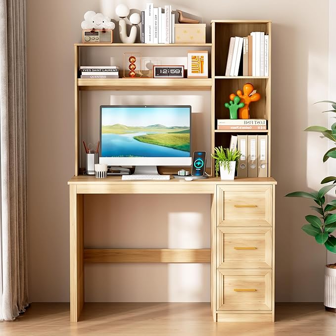 LVSOMT 40” Home Office Desk with Hutch and Drawers Computer Desk with Power Outlets and LED Light Study Writing Gaming Table with Storage Shelves Workstation for Bedroom Wood