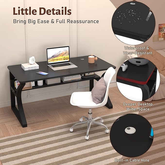 Computer Desk 47 x 23.6 Inch Home Office Desk Large Modern Computer Desks with Storage Shelf Metal Frame Work Study Writing Office Desk with Cable Hole Wide Desk for PC &amp Monitors (Black 47)