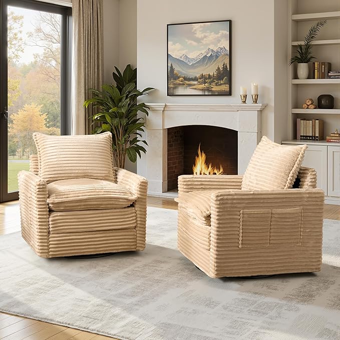 Swivel Accent Chair Set of 2 Modern Sofa Chairs for Living Room Plush Upholstered Cloud Chair with Double Layer Thick Cushions Bedroom Reading Nook Armchair Beige