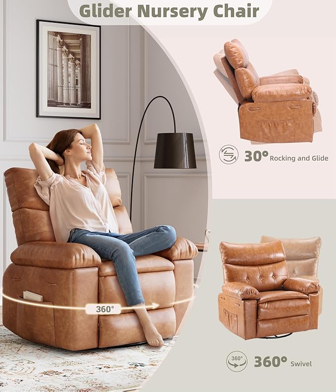 GarveeHome Oversized Rocker Swivel Recliner Chair - PU Leather Extra Wide Manual Recliner for Adults Large Lazy Chair with 1.5X Sponge Comfort Arm and Back for Living Room Bedroom