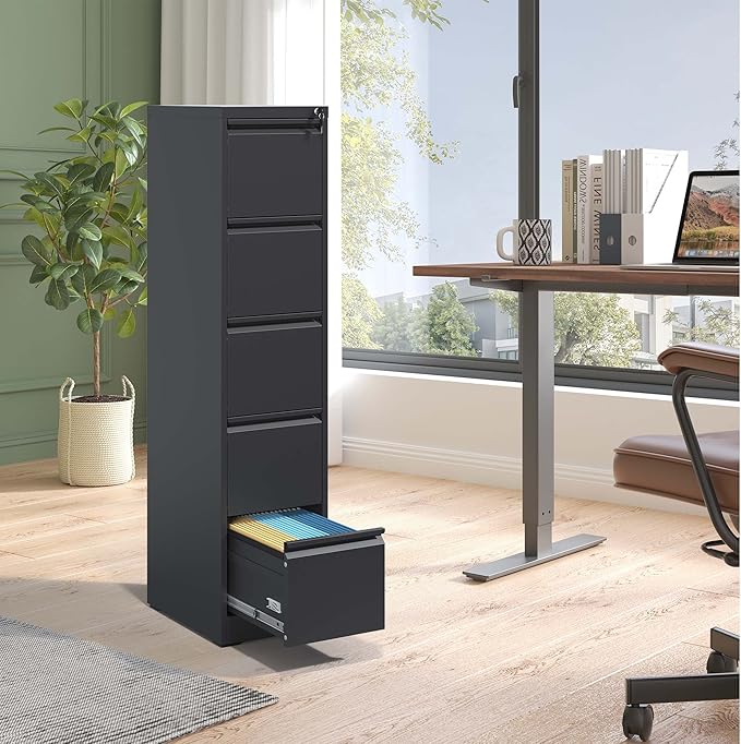 5 Drawer Small Metal Vertical File Cabinet with Lock Under Desk Locking Drawers Storage Cabinets Organizer for HomeOffice Filing Cabinets for A4 Legal/Letter SizeBlack
