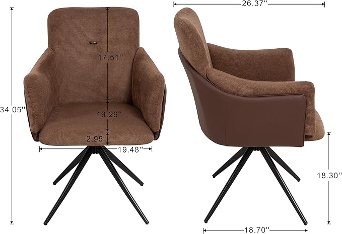 KEIKI 360° Swivel Home Office Desk Chairs Set of 2Modern Dining Chairs with Arm Upholstered Bedroom Chairs with Metal BaseMakeup Chair for Vanity Living Room Bedroom Dark Brown