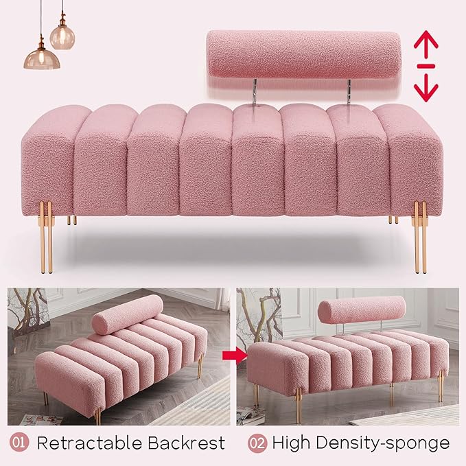 NIOIIKIT 53.2 Modern Loveseat Sofa Couch Upholstered Accent Sofa with Golden Legs and Adjustable Backrest Small Teddy Fleece Couches for Bedroom Living Room Compact Small Space (Pink Teddy)