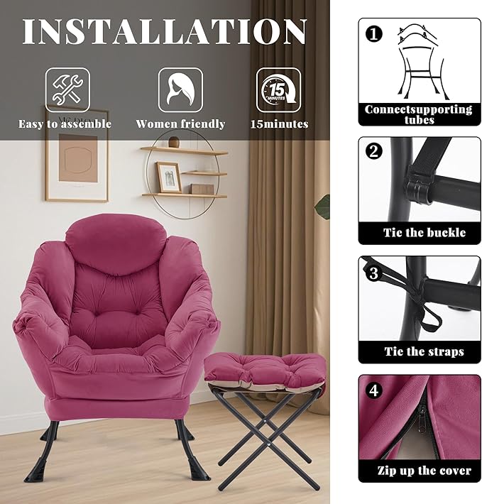 Lazy Chair with Ottoman Comfy Accent Lounge Chair with Side Pocket Modern Reading Armchair with Footrest Upholstered Sofa Chair for Small Spaces Bedroom Living Room Dorm Wine Red
