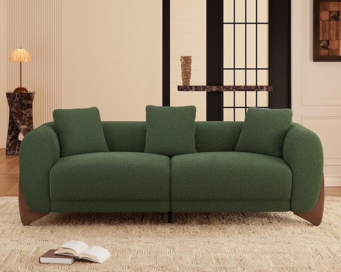 Morden Fort Modern Cloud Couch - 3 Seater Sherpa Boucle Sofa with Wood Legs Ultra-Thick High Resilience Cushion with 3 Matching Pillows Upholstered Comfy Couch Sofa for Living Room - Forest Green