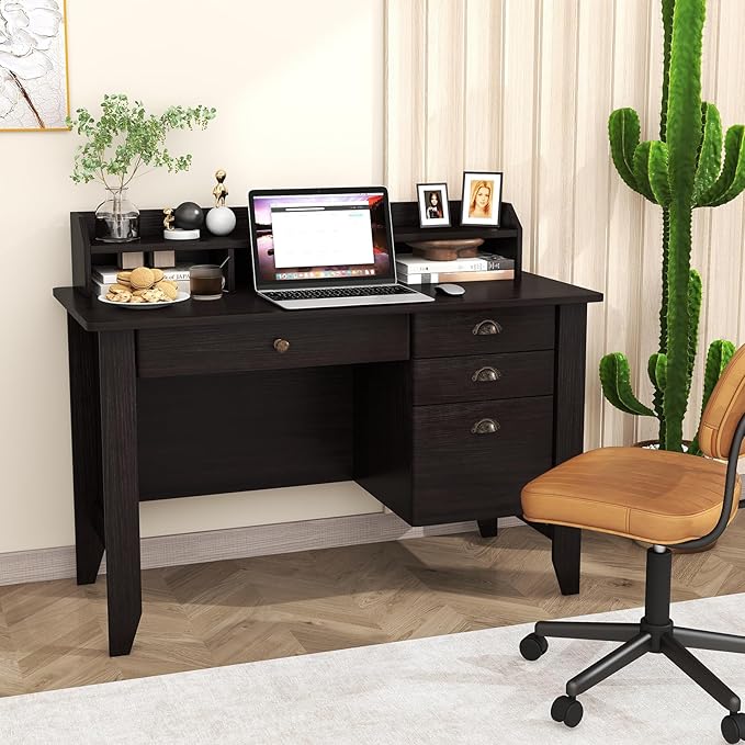 GLACER 48 Computer Desk with 4 Storage Drawers &amp Hutch Home Office Desk with Cable Hole for PC Laptop Wooden Writing Workstation Gaming Desk for Office Study Bedroom Small Spaces (Black)
