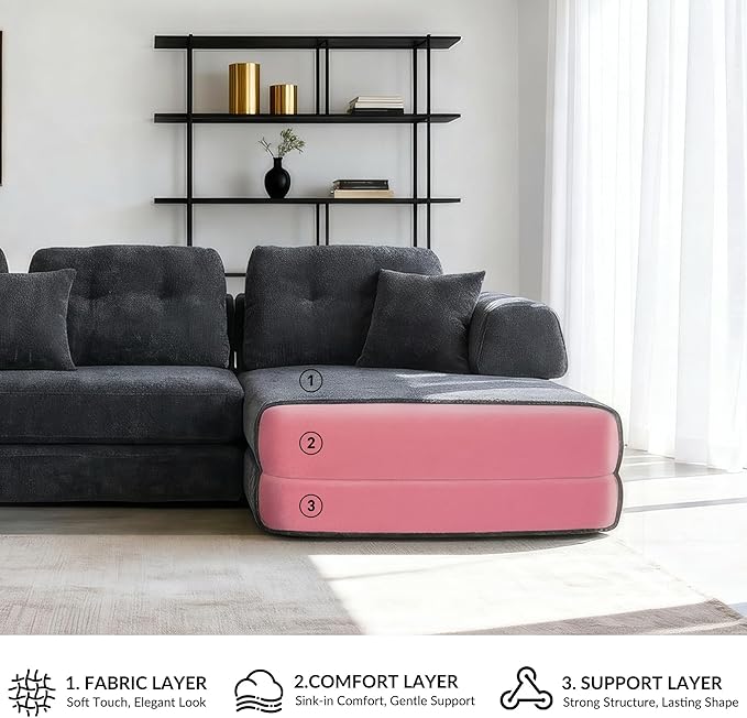 104 Modular Sofa Bed 8-in-1 Convertible Sectional Couch with High Resilience Sponge &amp Oversized 3 Cushions – Modern Boneless Design for Living Rooms &amp Apartments (Dark Gray 104'')