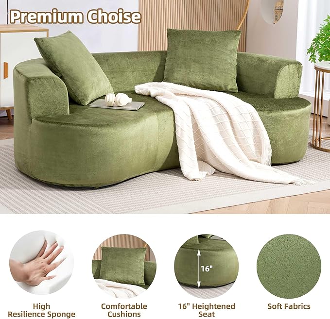 80 Boneless Loveseat Curved Cloud Sofa Couch Memory Foam Couch in a Box with 2 Pillows U-Sheaped Sofa for Living Room Bedroom Comfy Compressed Sofa No Assembly Required (Green)