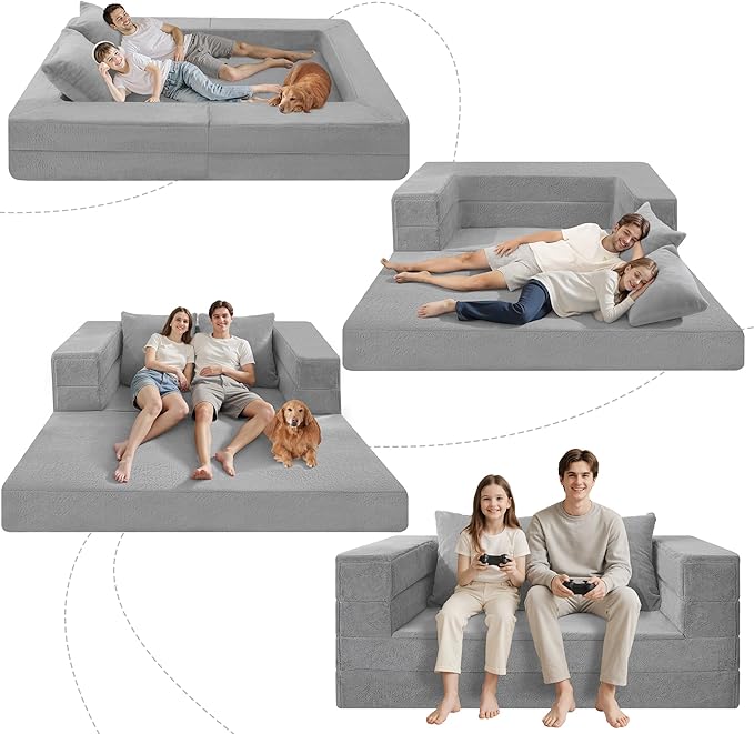 Futon Sofa Bed with Pillow 3-in-1 Sleeper Sofa Bed with Removable Cover Convertible Floor Sofa Bed No Assembly Boneless Couch for Living Room Bedroom