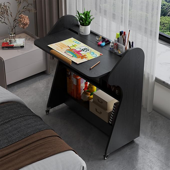 Pmnianhua Portable Mobile Desk on Wheels with Adjustable Angle TaletopHome Office DeskRolling Computer Desk with Wheels and Storage for Home Office Small Space(Black)