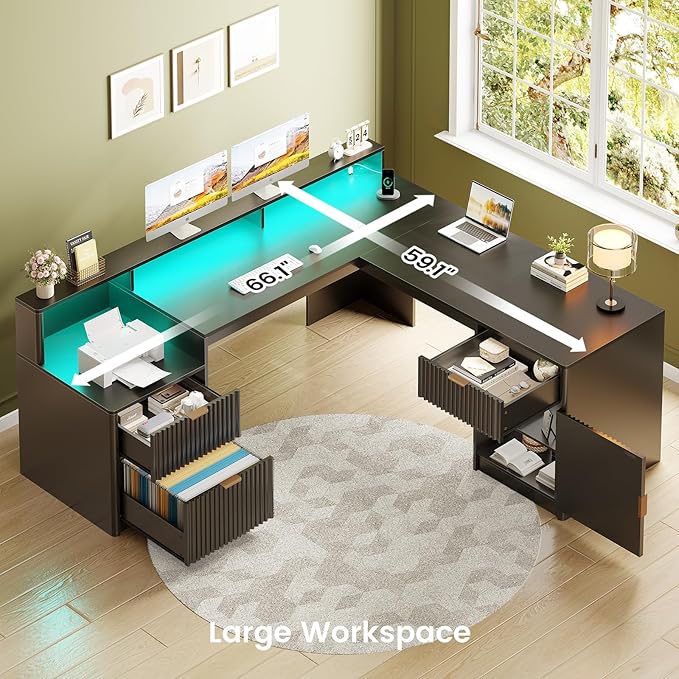 SEDETA 66 Modern L Shaped Desk with Drawers Fluted Home Office Desk with File Cabinet and Printer Shelf Wood Executive Desk with Monitor Stand Led Lights Power Outlets Black