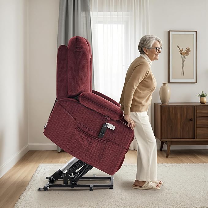 MCombo Oversized Power Lift Recliner Chair Sofa with Massage and Heat for Elderly People Petite USB Ports Side Pockets Fabric R7561 (Burgundy Small-Oversize)