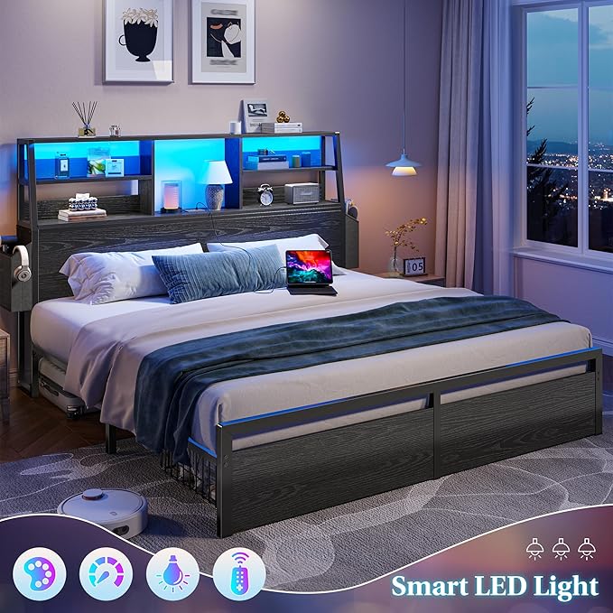 Full Size Bed Frame with Storage Full Bed Frame with LED Light and Charging StationBed Frame Full with Headboard for ApartmentGuest RoomBlack