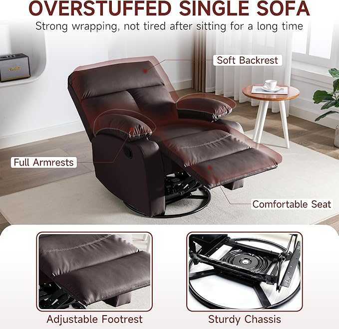Swivel Rocker Recliner Small Recliners for Small Spaces with Overstuffed Arms and Back Manual Swivel Chairs for Living Room Nursery Bedroom Dark Brown