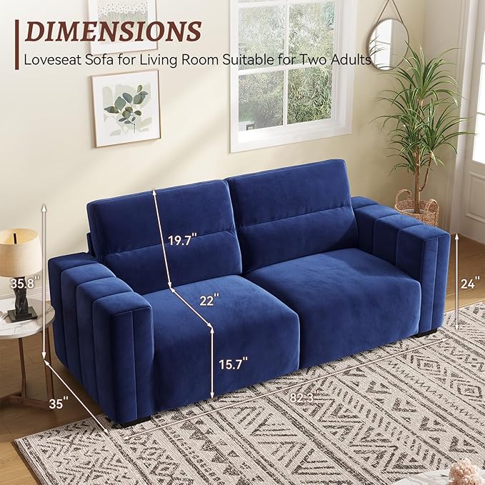 82 Inch Sofa with Extra Deep Seats Oversize Velvet Fabric 2 Seater Sofa for Living RoomModern Couch and Loveseat Comfy Armrests and Seats and Backrests Easy Installation Blue