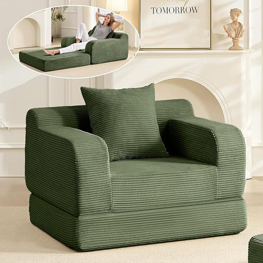 wanan 40 W Folding Sofa Bed 2-in-1 Convertible Bed Sofa to Boneless Sleeper Chair for Adult Comfy Armchair with Back Support Armrests and Pillow for Living Room Bedroom Single Vintage Green | E
