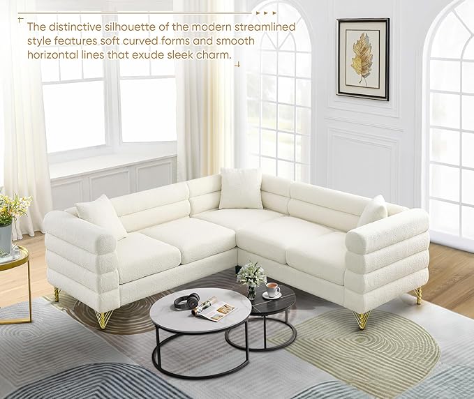 Comfy Boucle L Shaped Sofa 81.5 Oversized Sectional Couch with Deep Seated Design Upholstered Corner Sofa Couch with 3 Pillows Modern Couches for Living Room Apartment Waiting Room White Teddy