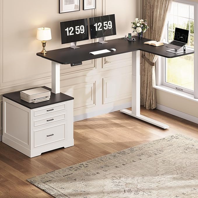 SEDETA Farmhouse L Shaped Electric Standing Desk 70.9 x 39.4 Height Adjustable Office Executive Desk with 3 Drawers Standing Computer Desks with Power Outlet for Home Office White