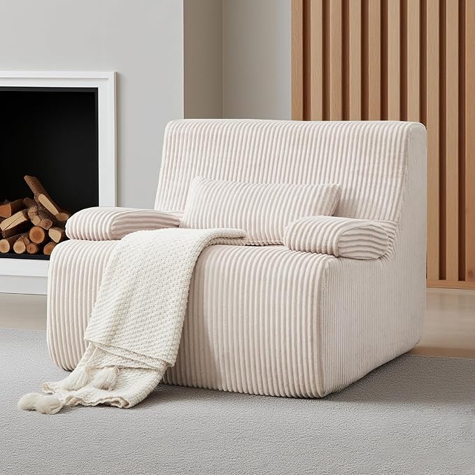 Boneless Chair for Small SpaceCorduroy Cloud Chair Foam Couch with Wide ArmrestFluffy Comfy Reading Single Sofa Chairs for Living Room Bedroom Apartment (Beige)