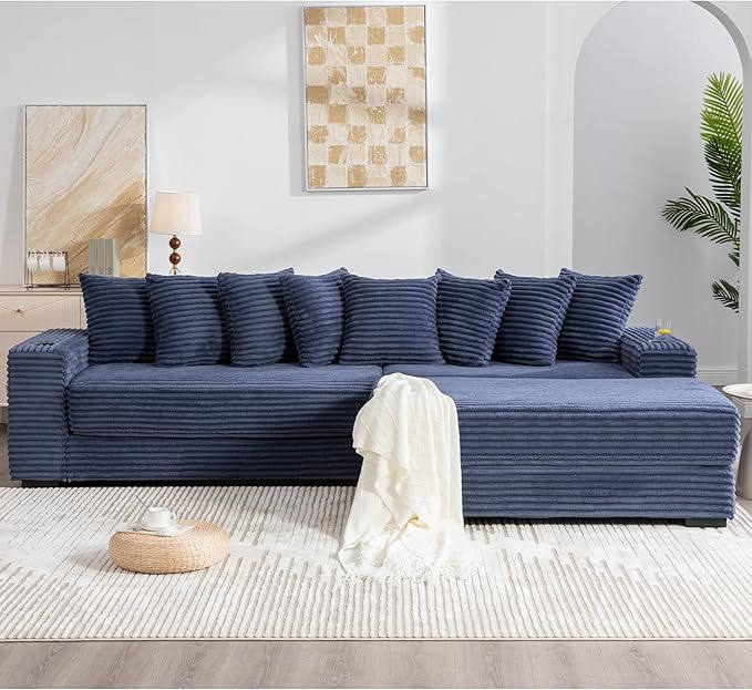111 Inch Sleeper Sofa Bed | Convertible Cloud Sectional Couches for Living Room | L-Shaped Couch with Cup Holder Side Pocket 8 Pillpws | Blue