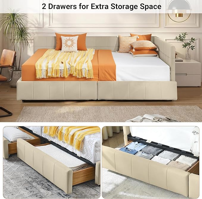 Full Corner Bed Frame with Storage Drawers Modern Velvet Upholstered Sofa Day Bed Frame with Wood Slats for Living Room Bedroom Guest Room No Box Spring Needed Beige