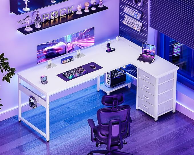 AODK L Shaped Gaming Desk with 4 Drawers 61 Reversible Home Office Desks with Power Outlets L Shaped Computer Desk with USB Charging Port and Host Stand Corner Desk Easy to Assemble White