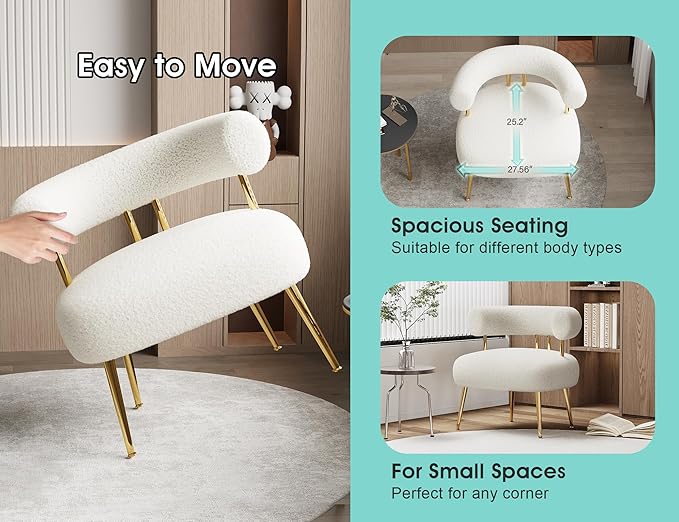 Mid Century Sherpa Boucle Accent Chair Round Upholstered Barrel Arm Chair for Small Spaces Fluffy Side Corner Sofa Chair for Living Room Bedroom Vanity Office Reading Nook(Cream White)