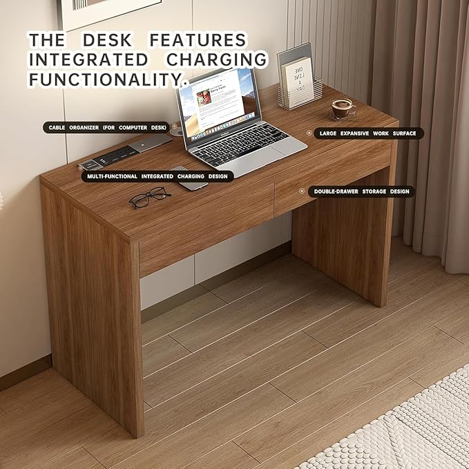 Executive Desk with Drawers Computer Desk with Drawers with Pre-Embedded Slots 47 inch Modern Walnut Home Office Desk with Charging Station for Study Living Room Bedroom