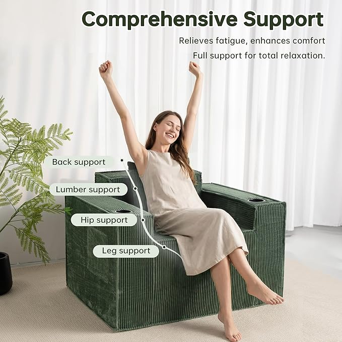 Cloud Single SofaChaise Lounge Chair with Cup Holder &amp Side PocketElevated Seat HeightNo Assembly RequiredBoneless Corduroy Chair for Small SpaceBedroomOffice (Green Single Sofa)