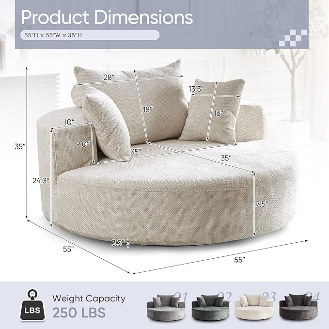 SLEERWAY 55W Oversized Swivel Accent Chair Large Barrel Chairs Upholstered Round Swivel Chair Chenille Single Sofa Armchair Modern Sleeper Chair for Living Room Lounge and Projection Room Beige