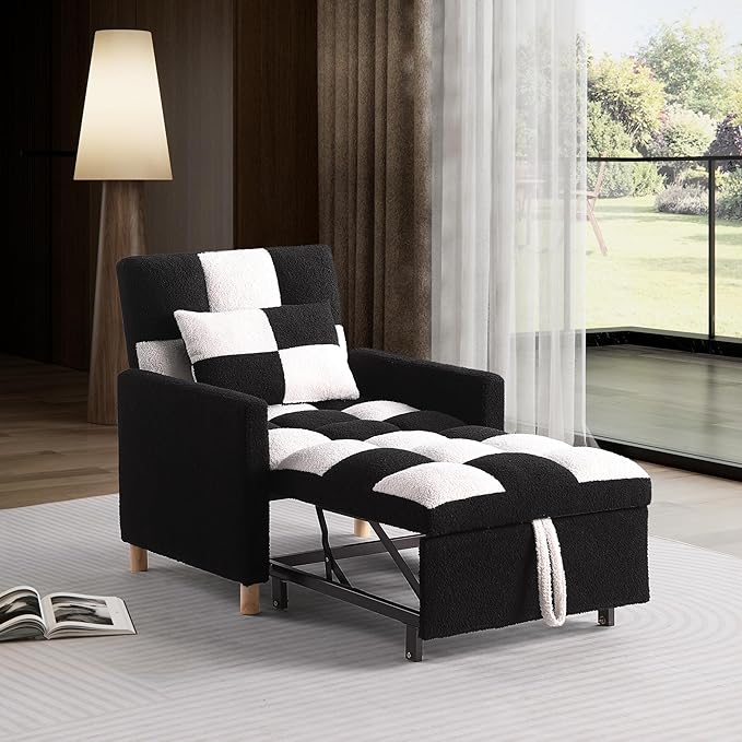 Sleeper Chair Bed Multi-Functional Convertible Chair Sleeper Teddy Fabric Adjustable Pull Out Sofa Bed with Lumbar for StudioDorm Apartment BedroomOfficeLiving Room (Black-White)