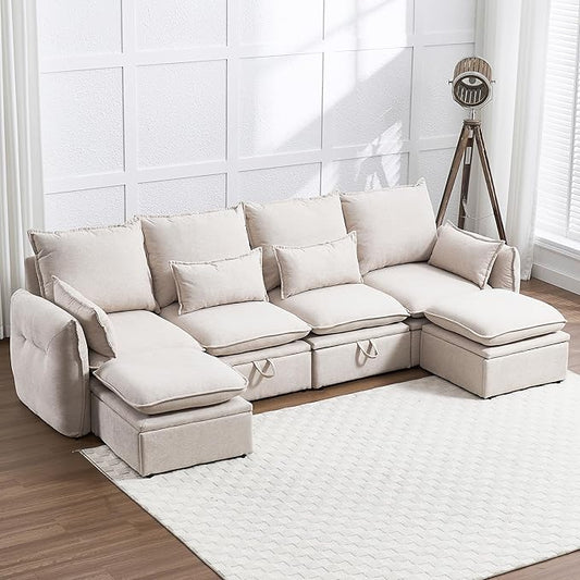 114 Modular Sectional Sofa Sectional Couches for Living Room U Shaped Cloud Couch with Storage &amp Ottoman Waterproof Wide and Deep Seat 6 Seats (Beige)