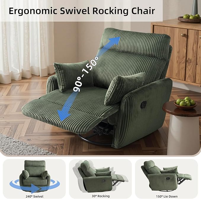 Swivel Recliner Chair for Adults Corduroy Nursery Glider Rocking Chair Armchair with 2 Pillows Comfy High Back Reclining for Small Spaces Nursery Bedroom Living Room (Corduroy Green 1 Pack)