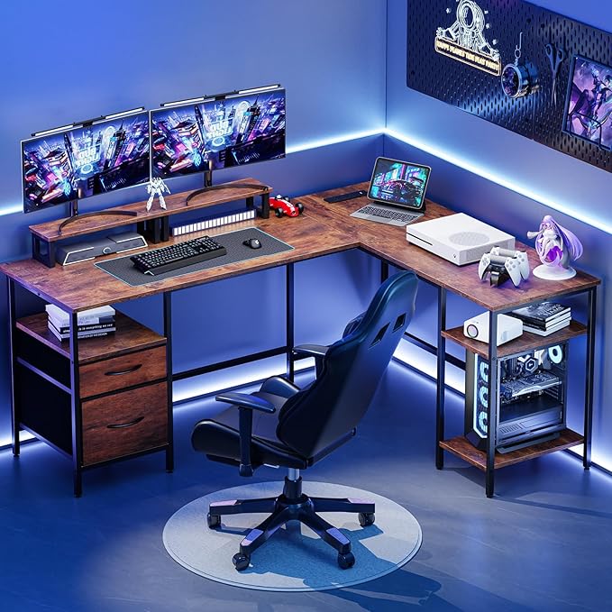 DUMOS 62 Inch L Shaped Gaming Desk with Charging Station &amp 2 Monitor Stands Computer Desk with Drawer &amp Adjustable Storage Shelves Large Corner Desk for Home Office Rust Brown