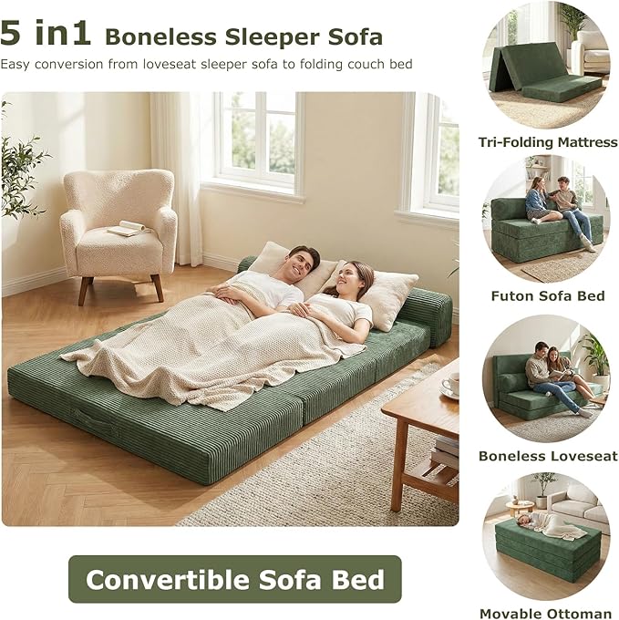 5-in-1 Convertible Sofa Bed Full Size Boneless Loveseat Sleeper with Removable Cushions &amp Washable Cover Futon Sofa Bed with Handle Pull Out Couch for Small Spaces Grey