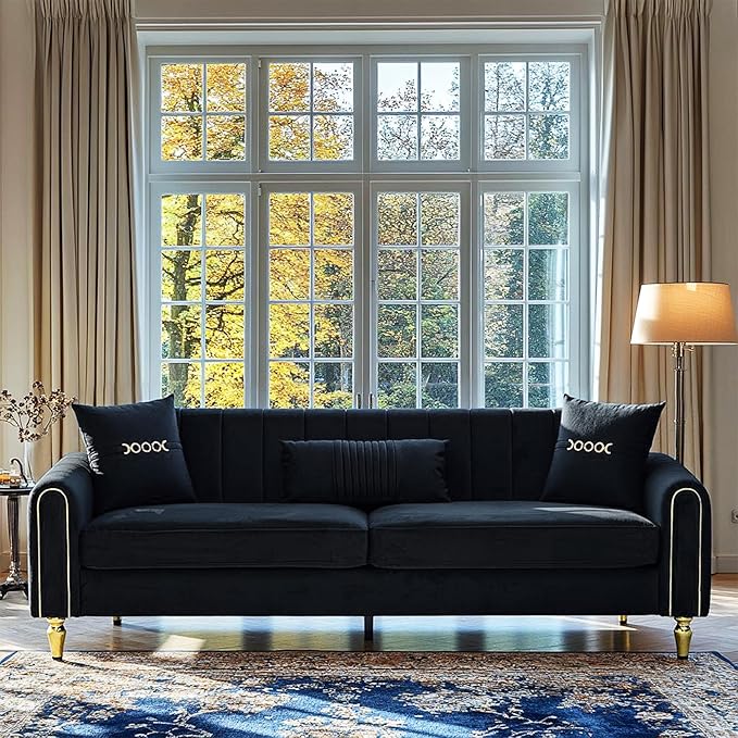 87.5 Modern 3-Seater Velvet Couch Set of 2 with Metal Legs &amp Decorative Pillows High Resilience Sponge Spring Seat Luxury Sectional Loveseat Sofa Set for Living Room Apartment Small Space Black