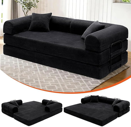 Convertible Sleeper Sofa Bed 1600lbs Weight Capacity Floor Sofa Bed with Fixed-Shape Frame Corduroy Foldable Couch for Small Space Lounge Mattress for Living Room Apartment Game Room (Black)