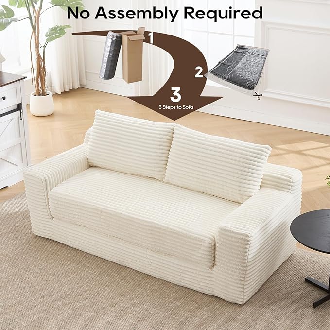 Anwick 2 in 1 Convertible Sleeper Sofa Bed 72 Corduroy Loveseat Sofa w/ 2 Pillows Oversized Chaise Lounge Chair Indoor Pull Out Couch Bed for Small Spaces/Living Room/Bedroom No Assembly (Beige)