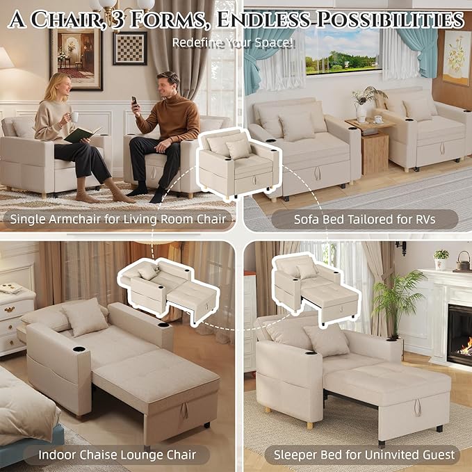 YODOLLA Sleeper Chair 38 Extra Wide Convertible Chair Bed Upgraded 3-in-1 Pull Out Single Sofa with Adjustable Backrest Cup Holder Pocket for Adults for Living Room Apartment Small Space Beige
