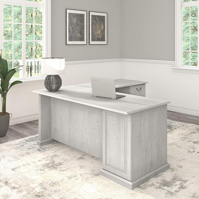 Bush Home Saratoga L Shaped Computer Desk with Drawers and Storage in Linen White Oak | Large Corner Office Table for Workspace