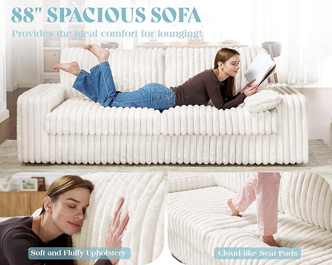 VanAcc 88 Inch Oversized Sofa Modern Couch with Lumbar Pillows and Armrests 3 Seater Couch- Cloud Sofas for Living Room Beige